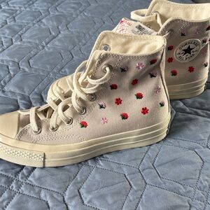 Converse Cream High-Tops with Red and Pink Floral Design